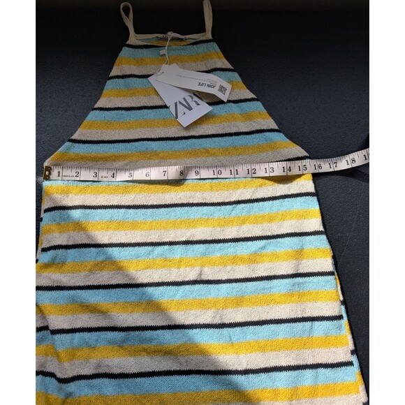 Zara Rustic Halter Neck Mini Dress Blue Yellow Striped Knit Beach Medium - Picture 6 of 9